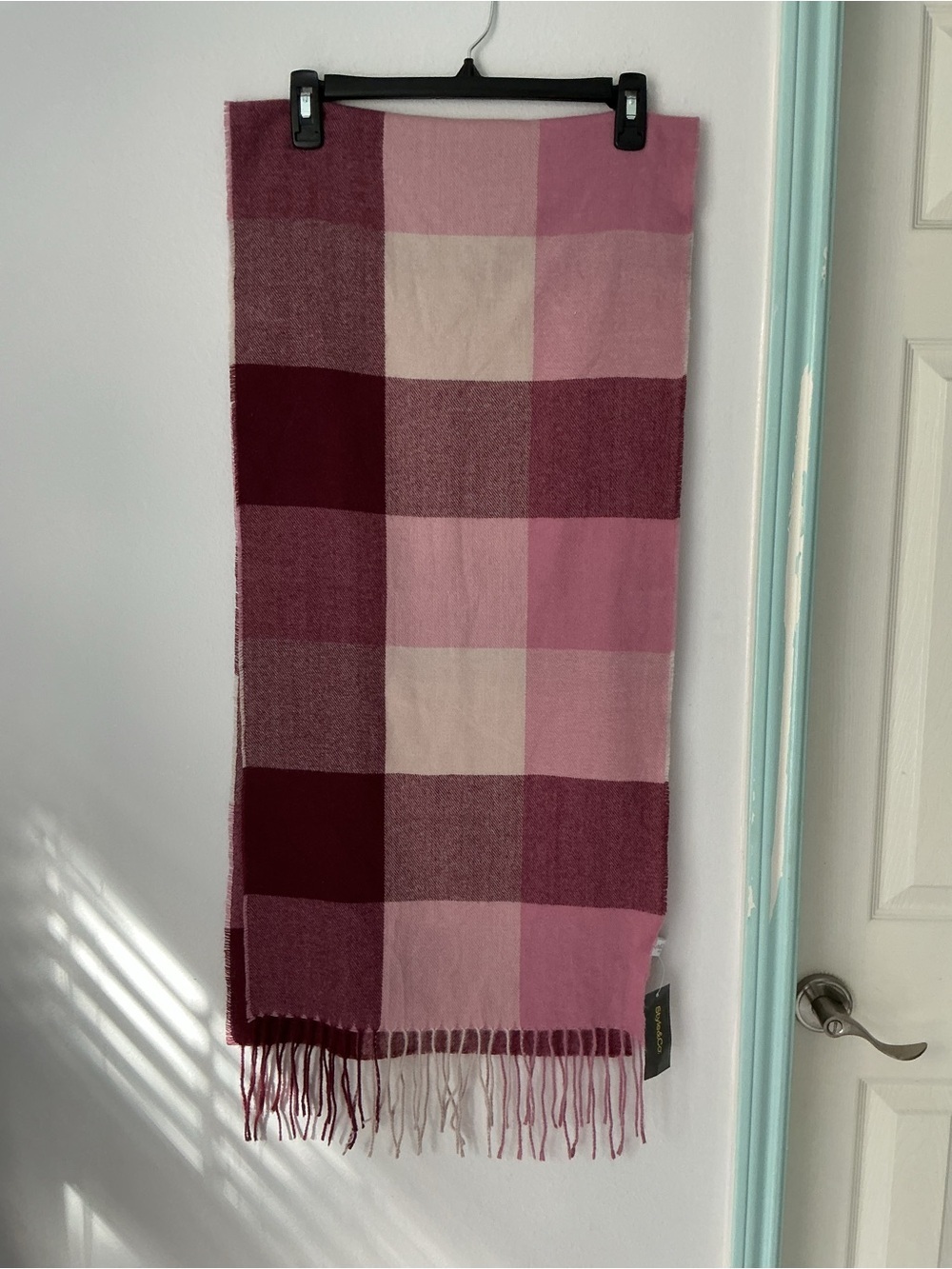 Style & Co. Mauve Block-Check Fringe Scarf